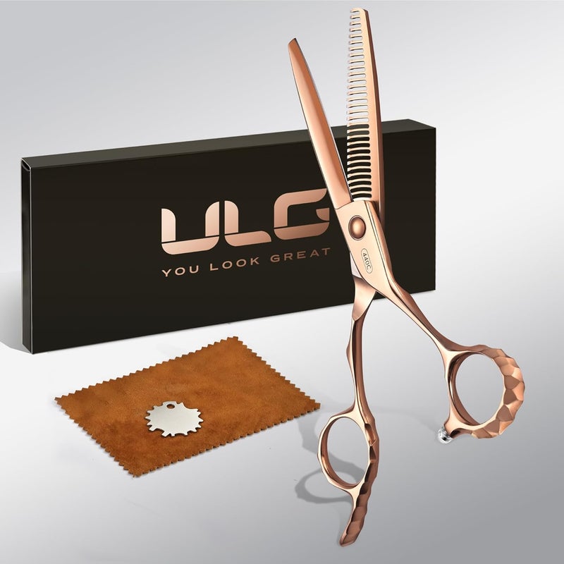 ULG مقص تخفيف الشعر الاحترافي بدون لحامات بتصميم فاخر مطلي بالذهب الوردي عيار 18 6.5" مقص حلاق 440C من الفولاذ المقاوم للصدأ الياباني بشفرات مقوسة مصقولة يدويًا ومقابض مائلة قابلة لضبط التوتر، لليد اليمنى - Image 1
